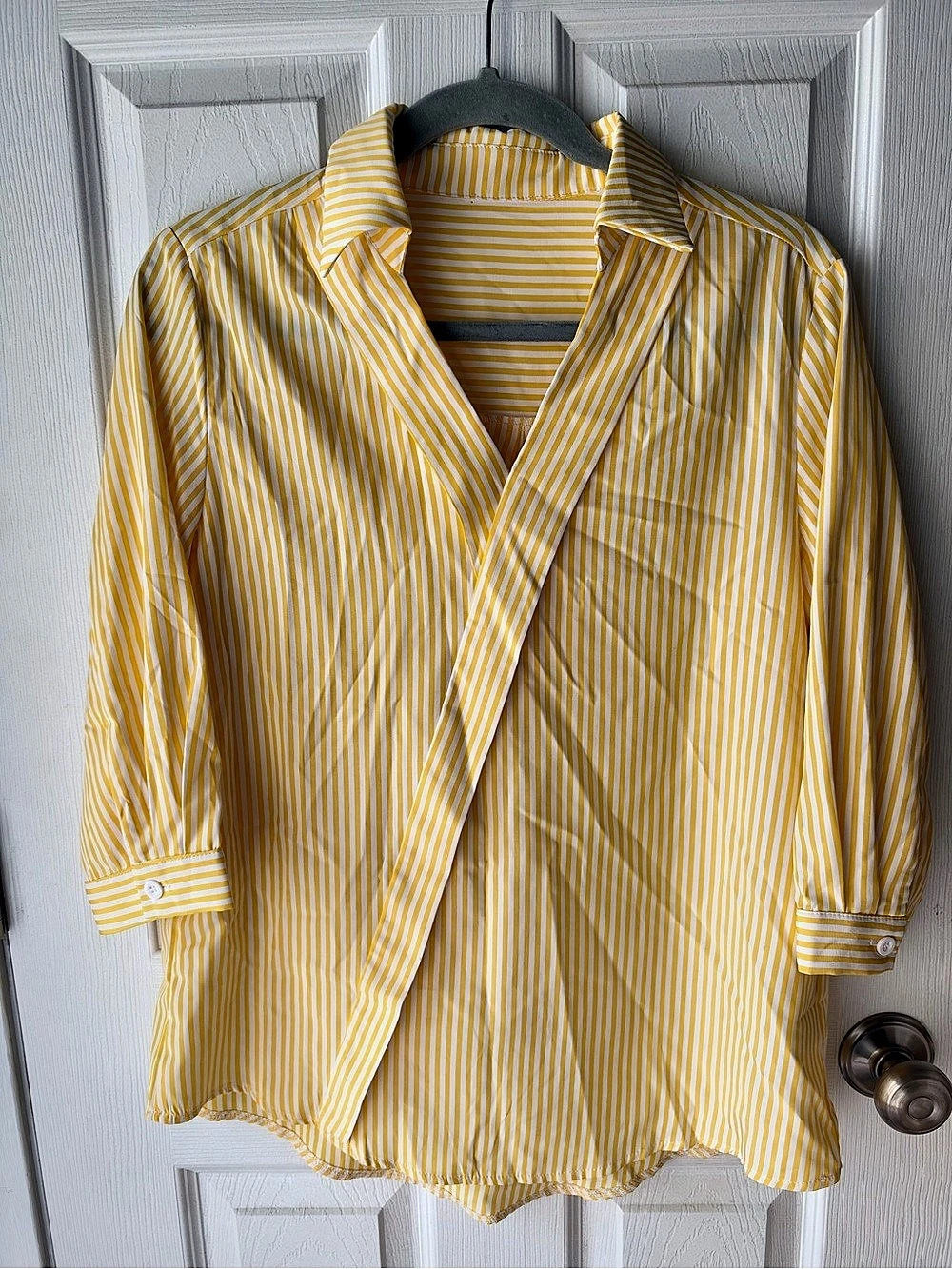 Preppy Office Vertical Striped Button Down Style Shirt Butter Yellow & White